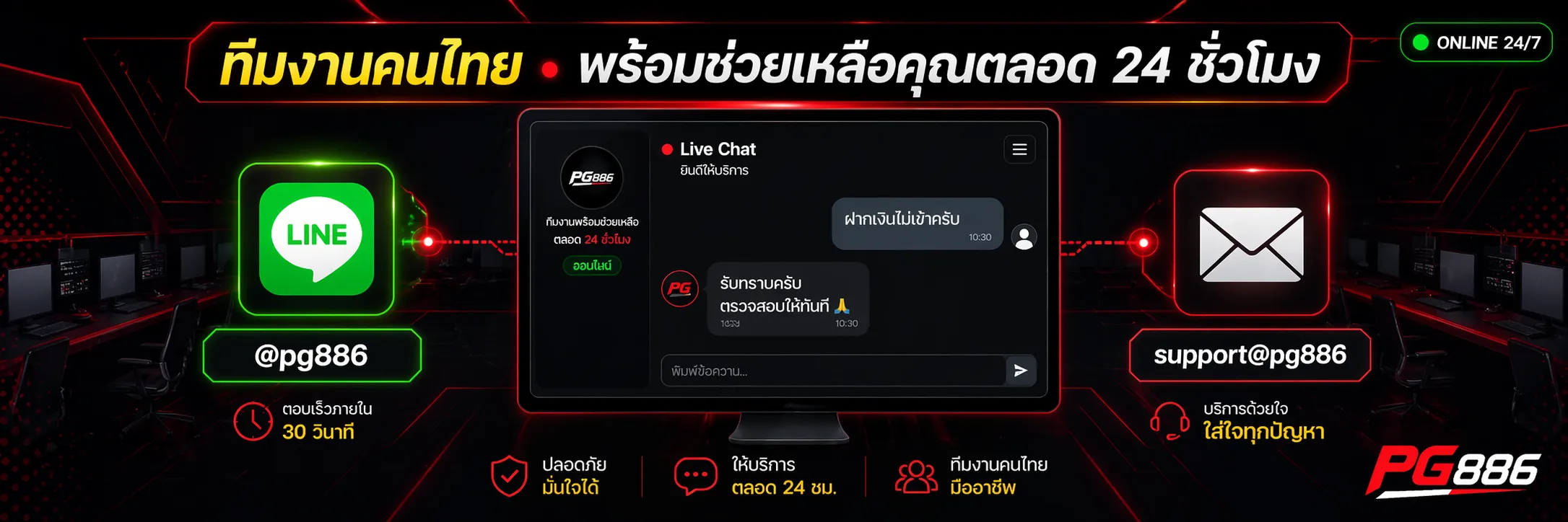ทีมซัพพอร์ต PG886 บริการ 24 ชั่วโมง ตอบเร็วภายใน 30 วินาที ผ่าน Line Live Chat และ Email